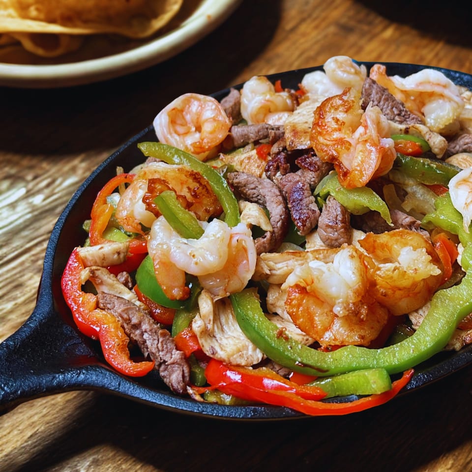 Sizzling fajitas with shrimp, beef, chicken, red and green bell peppers in a cast iron skillet.