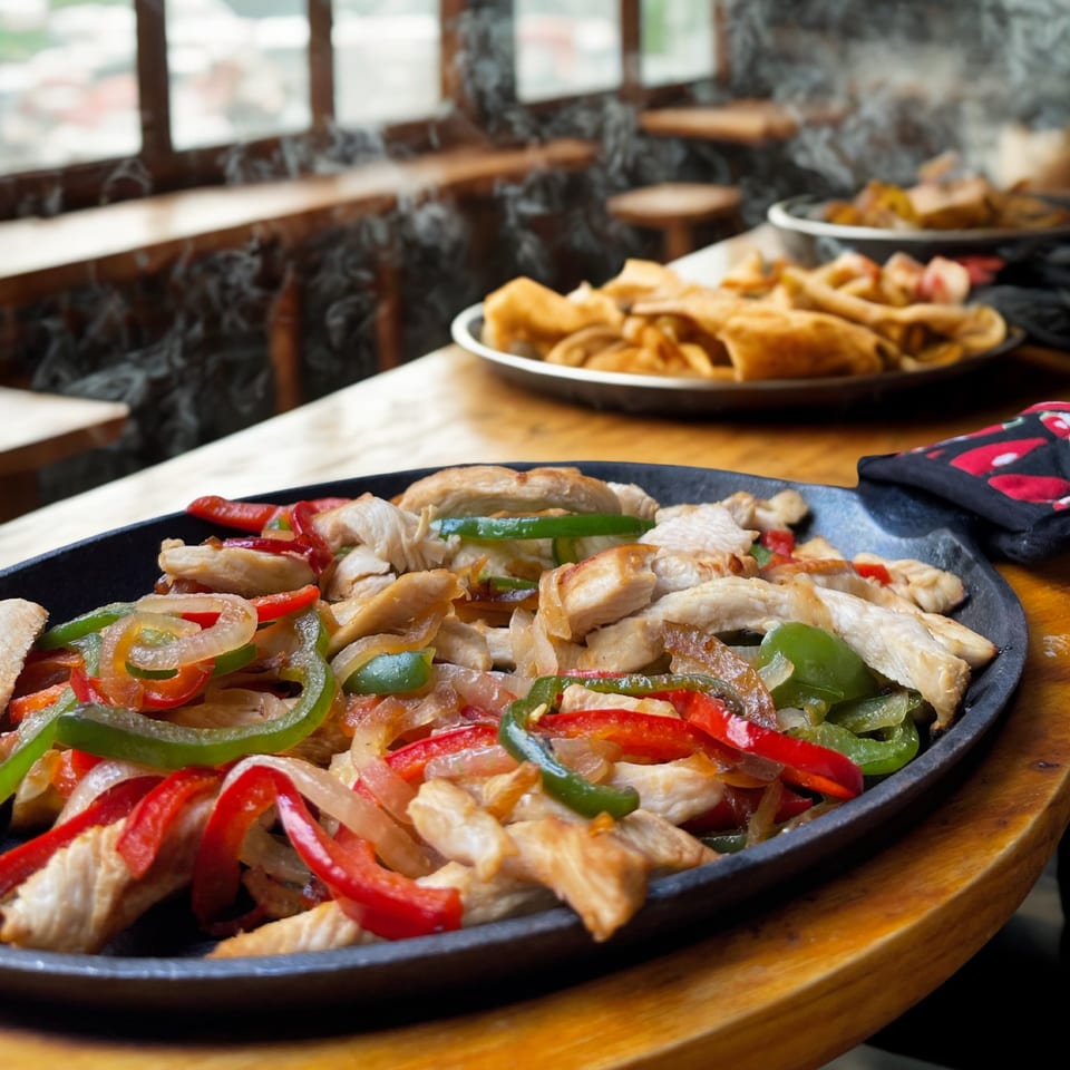 Sizzling chicken fajitas with colorful bell peppers and onions, served with tortilla chips at La Reyna Xpress.