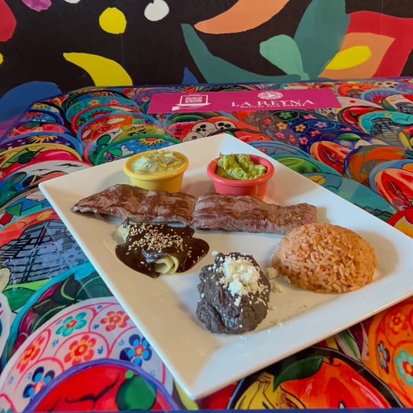 La Reyna Xpress Mexican food plate with steak, mole enchilada, rice, beans, guacamole, and salsa.