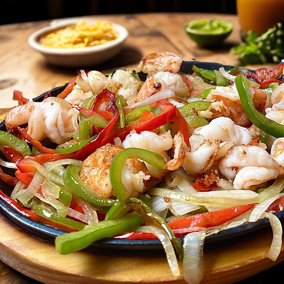 Sizzling shrimp fajitas with red and green bell peppers and onions on a dark skillet.
