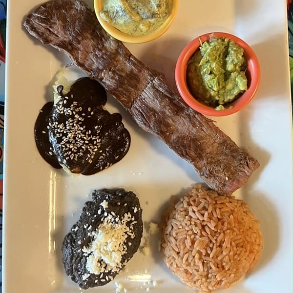 Mexican dish with skirt steak, mole enchilada, refried beans, rice, and two guacamole bowls.
